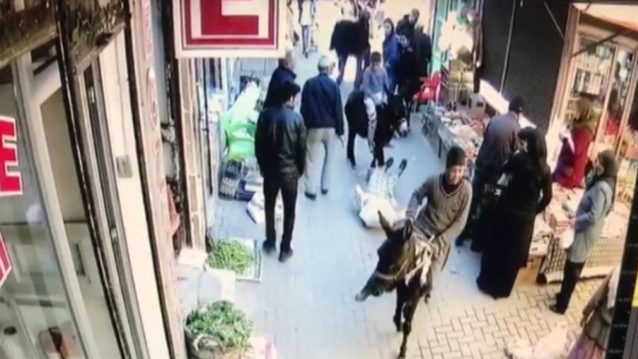 (Özel) Eşekle pazaryerine giren çocuklar ortalığı karıştırdı