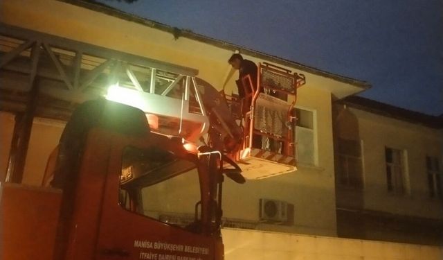 Salihli'de çatıda mahsur kalan kedi kurtarıldı